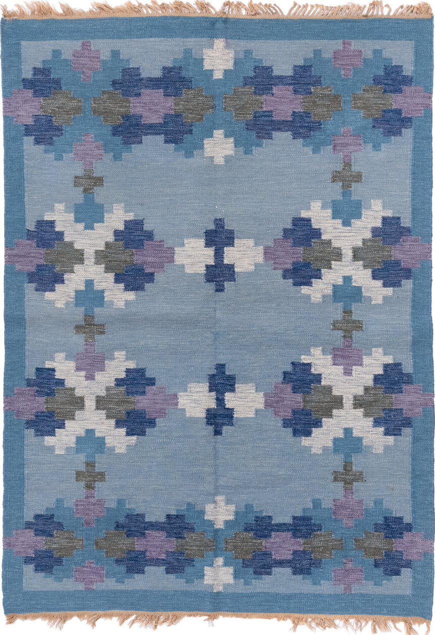 5' x 7' one-of-a-kind handmade vintage Rollaken rug. Color palette: blue, brown, dark gray, dim gray, fiord, gainsboro, gray
