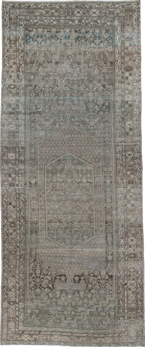 6' x 16' one-of-a-kind handmade vintage Malayer rug. Color palette: gray, black, light gray, silver, dark gray, dim gray