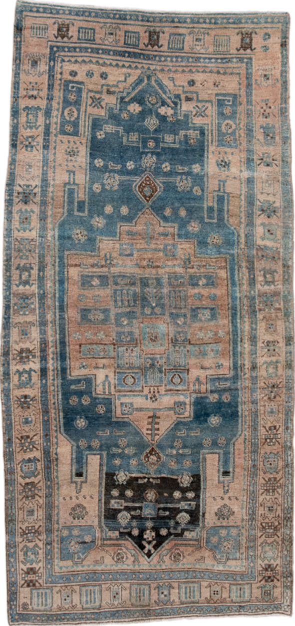 4' x 9' one-of-a-kind handmade vintage Bidjar runner rug. Color palette: black, blue, brown, charcoal, dim gray, gray