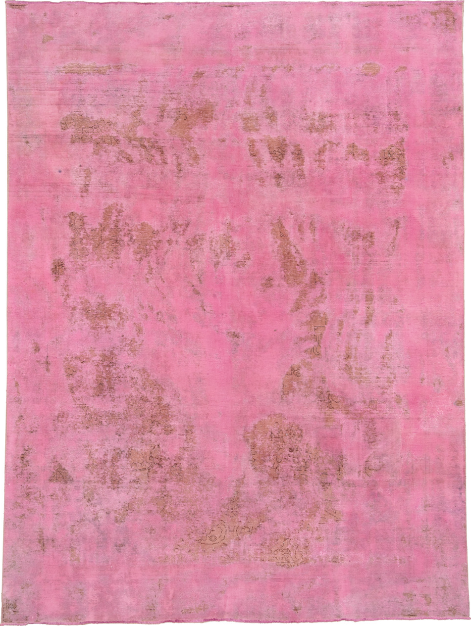 9' x 12' one-of-a-kind handmade vintage Overdyed large size rug. Color palette: pink, red, brown, pale violet red