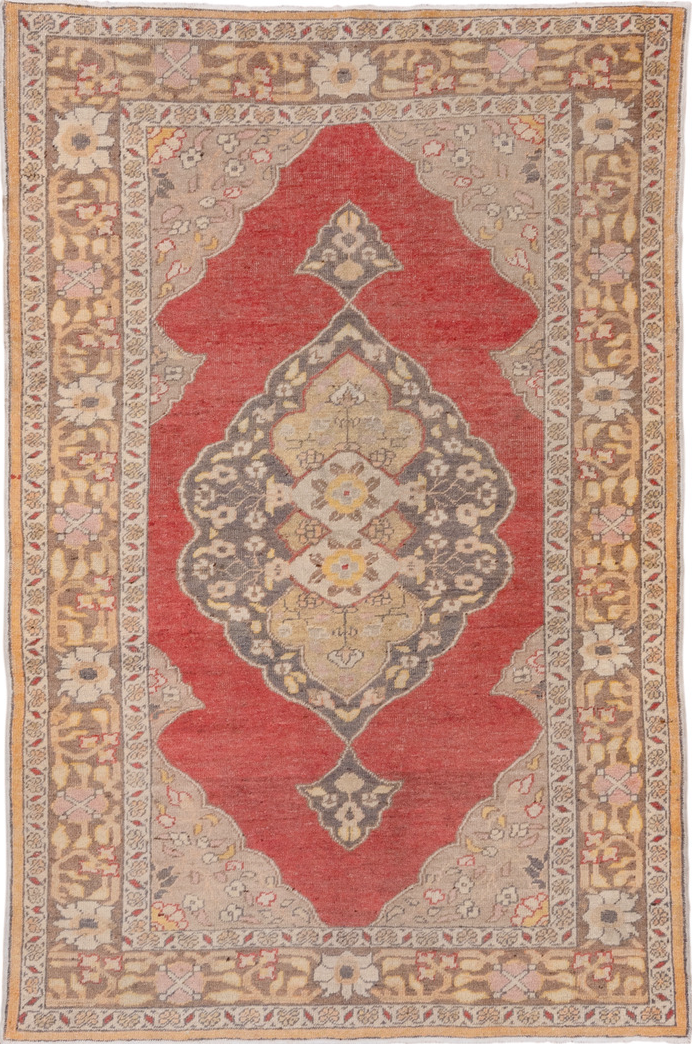 4' x 6' one-of-a-kind handmade vintage Oushak small size rug. Color palette: brown, burlywood, gray, light gray, off-white