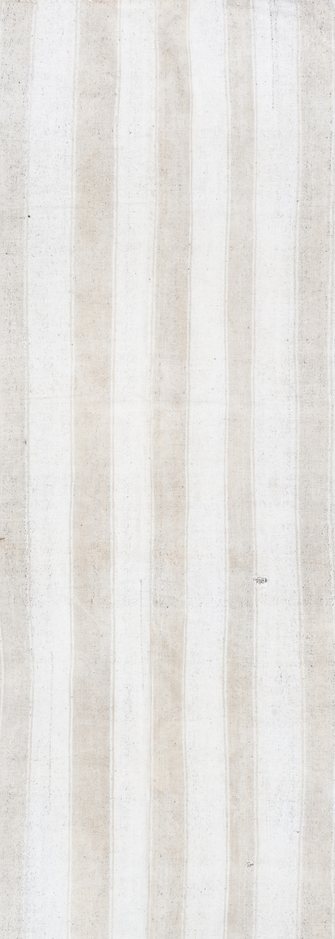 4' x 12' one-of-a-kind handmade vintage Flatweave runner rug. Color palette: gainsboro, gray, lavender blush, light gray