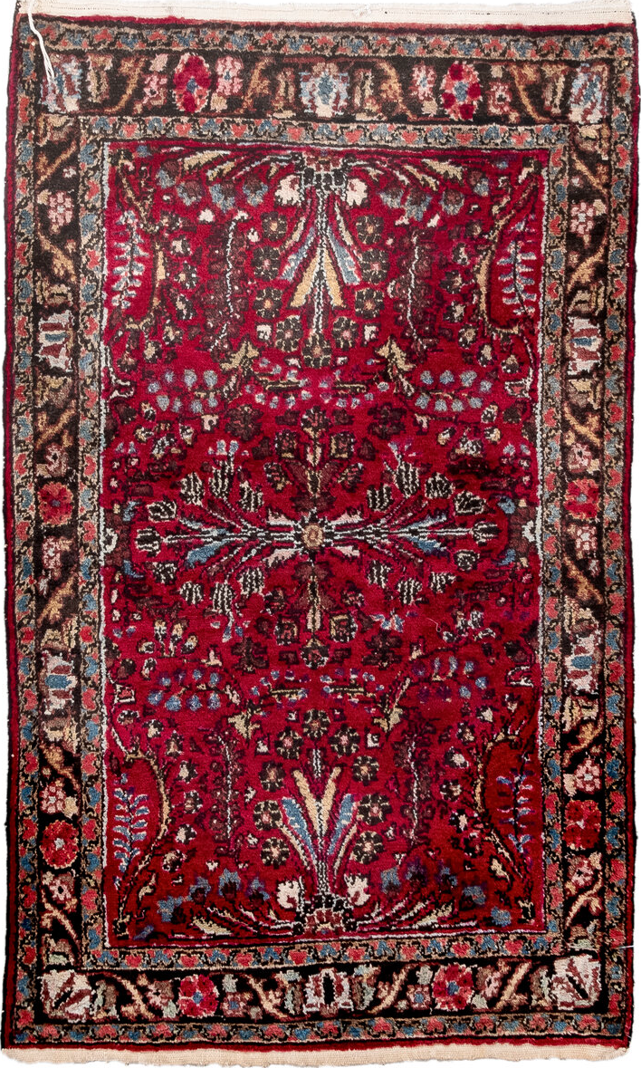 2' x 4' one-of-a-kind handmade vintage Dargazin small size rug. Color palette: red, pink, light gray, gray, off-white