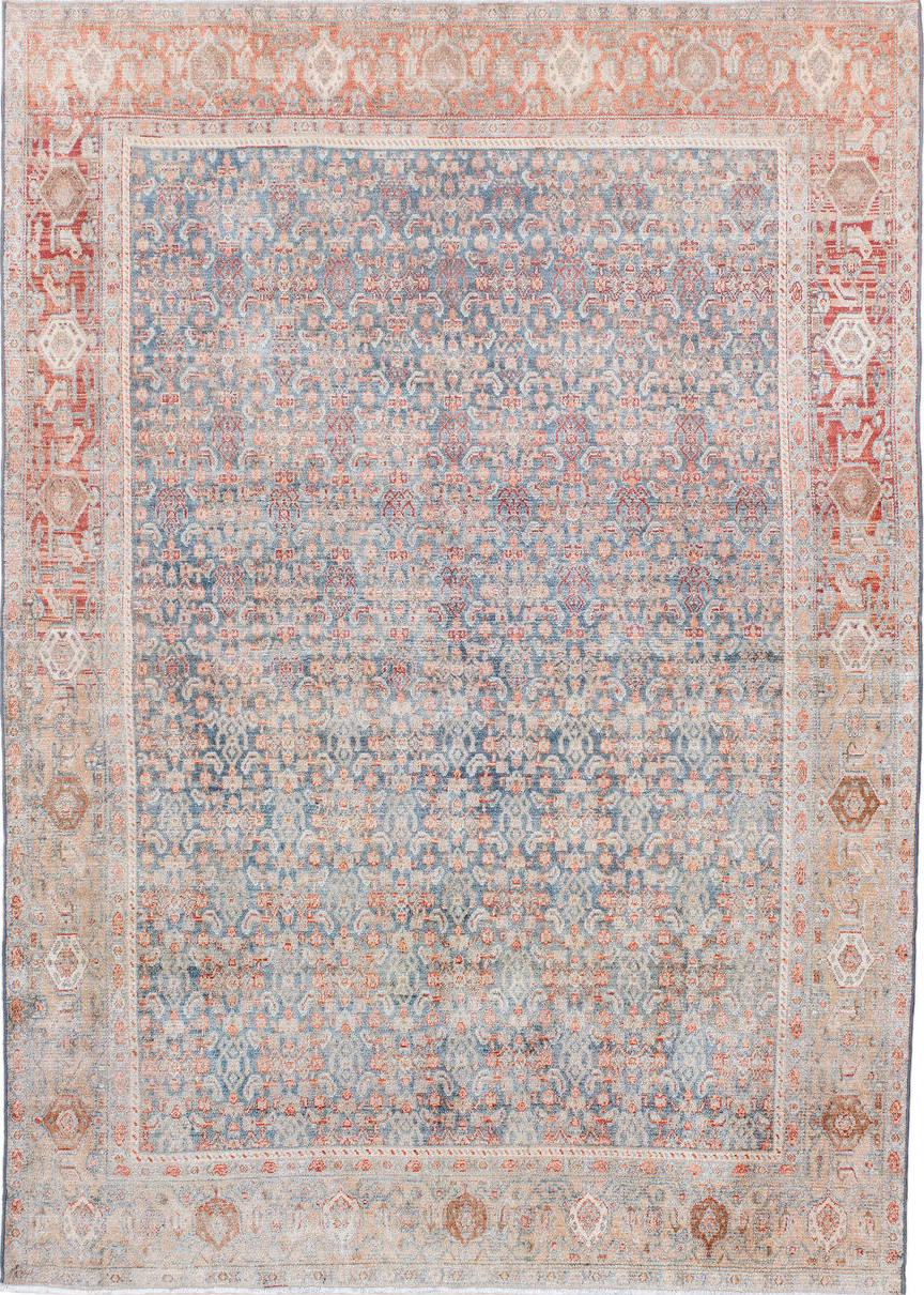 4' x 6' one-of-a-kind handmade vintage Senne small size rug. Color palette: black, blue, brown, dark salmon, gray