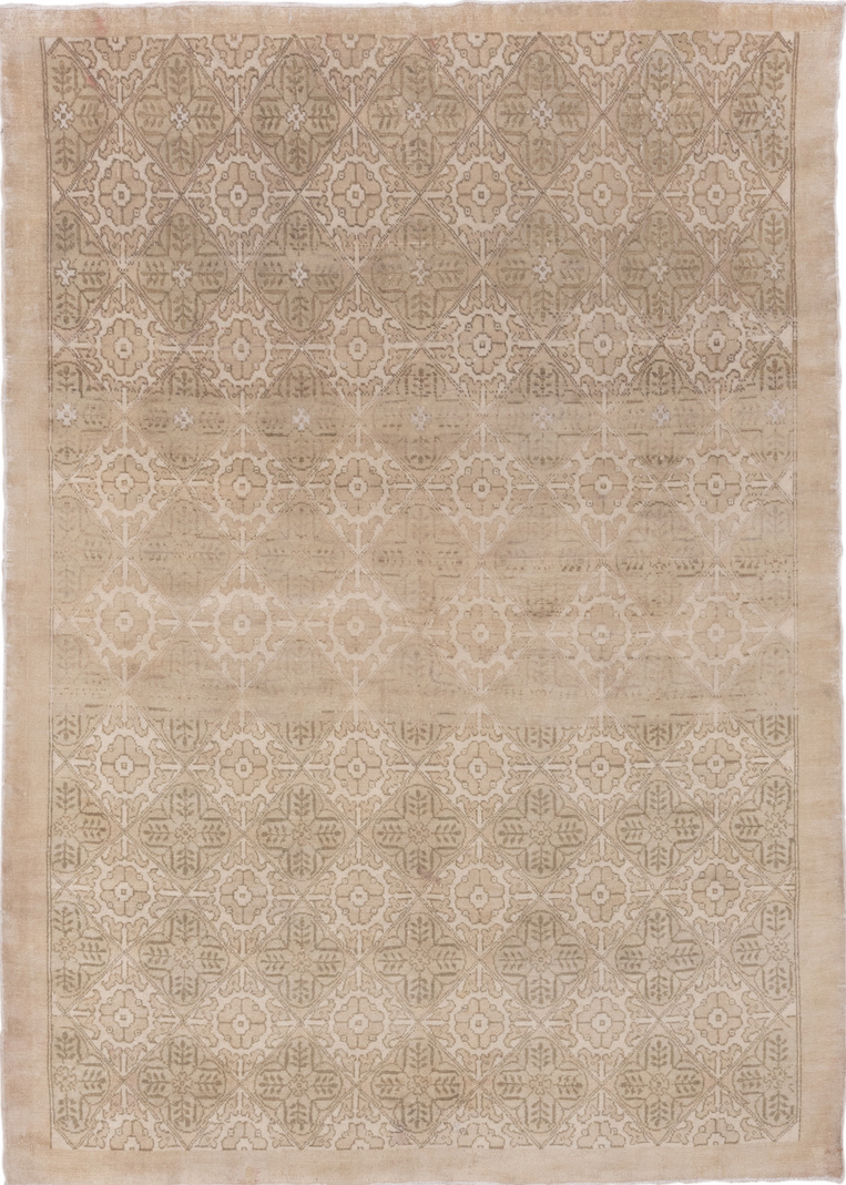 5' x 8' one-of-a-kind handmade vintage Oushak medium size rug. Color palette: brown, gray, light gray, off-white, pink