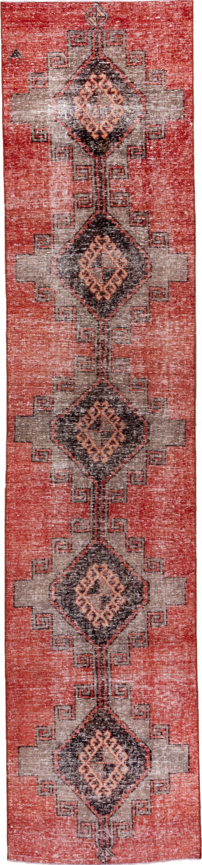 3' x 13' one-of-a-kind handmade vintage Oushak runner rug. Color palette: brown, gray, pink, red, redwood