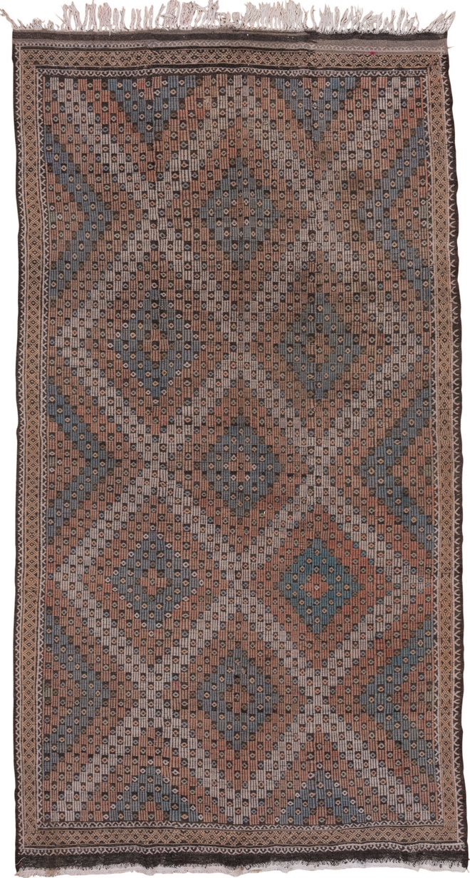 6' x 11' one-of-a-kind handmade vintage Jijim large size rug. Color palette: black, brown, dim gray, gray, light gray