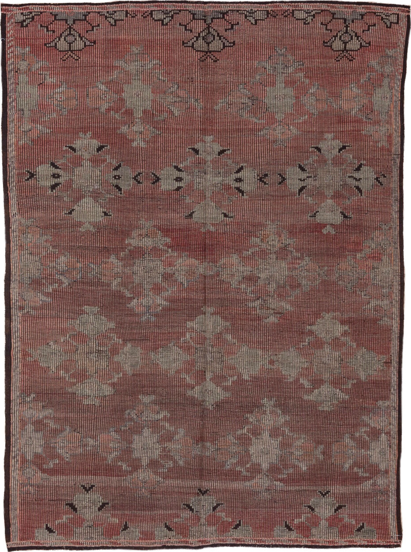 6' x 8' one-of-a-kind handmade vintage Jijim medium size rug. Color palette: black, brown, gray, pink, red, redwood