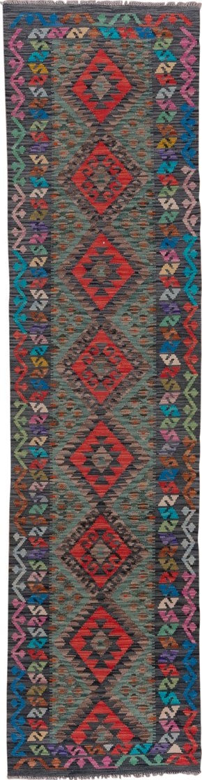 2' x 9' one-of-a-kind handmade vintage Kilim runner rug. Color palette: black, blue, brown, charcoal, gray, green, pink, red