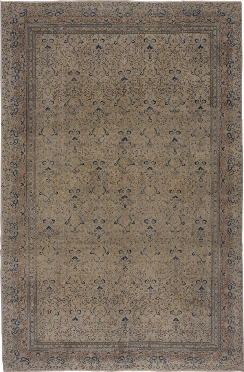 8' x 12' one-of-a-kind handmade vintage Oushak large size rug. Color palette: black, blue, charcoal, gray