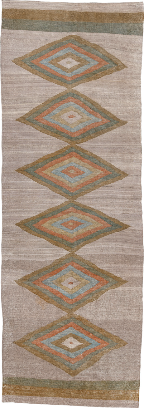 3' x 9' one-of-a-kind handmade vintage Kilim runner rug. Color palette: brown, gray, light gray, pink