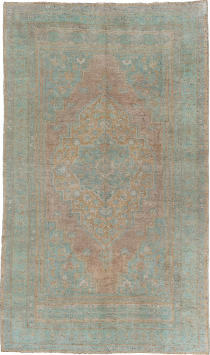 6' x 10' one-of-a-kind handmade vintage Oushak large size rug. Color palette: brown, gray, light gray, off-white, snow