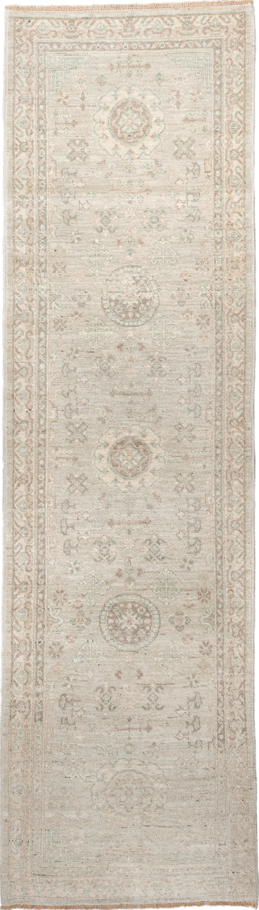 2' x 9' one-of-a-kind handmade vintage Oushak runner rug. Color palette: brown, gray, light gray, off-white, pink
