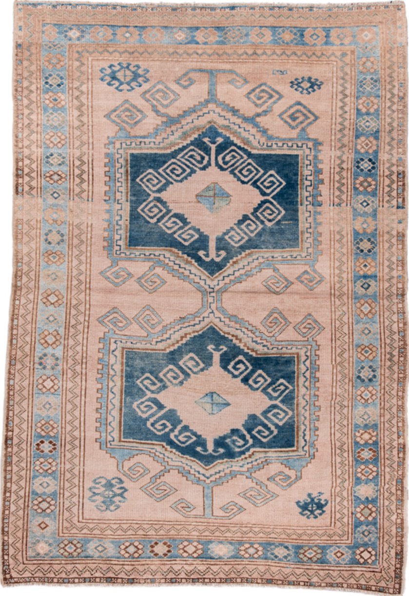 4' x 6' one-of-a-kind handmade vintage Oushak small size rug. Color palette: arapawa, blue, brown, gray, light blue