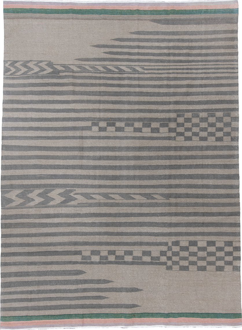 8' x 12' one-of-a-kind handmade vintage Kilim large size rug. Color palette: dark gray, dark slate gray, dim gray, gray