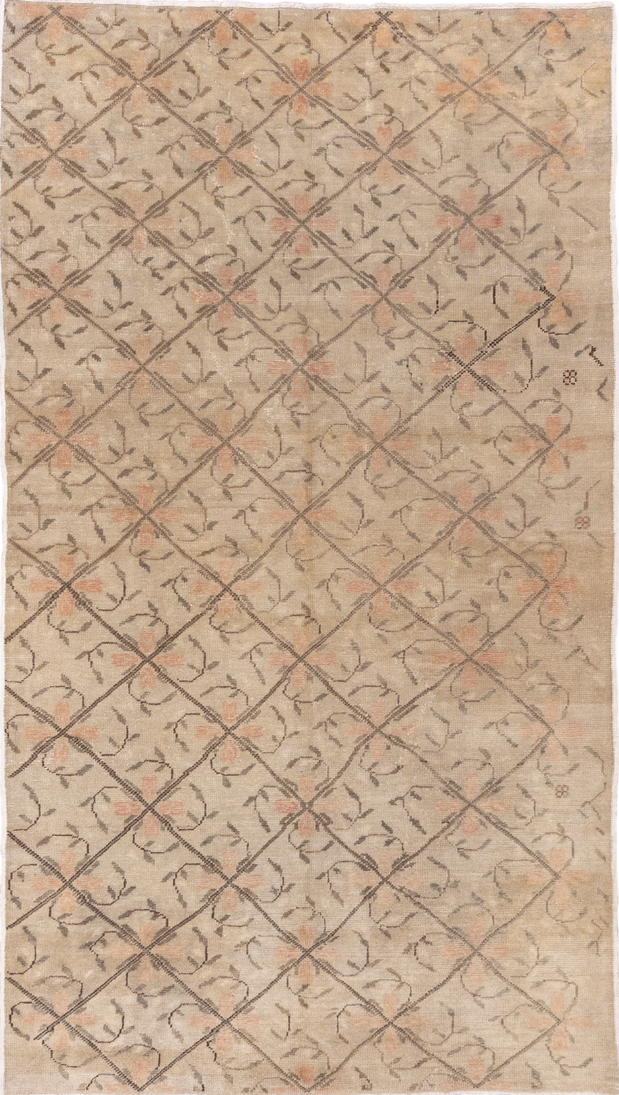 5' x 9' one-of-a-kind handmade vintage Oushak medium size rug. Color palette: brown, gray, off-white, orange, pink, snow