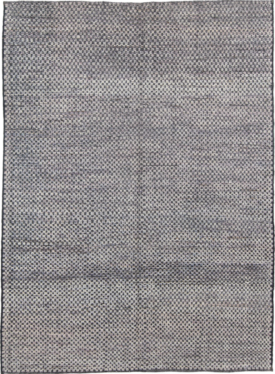 6' x 8' one-of-a-kind handmade vintage Tulu medium size rug. Color palette: gray, off-white, light gray, pink, black, blue