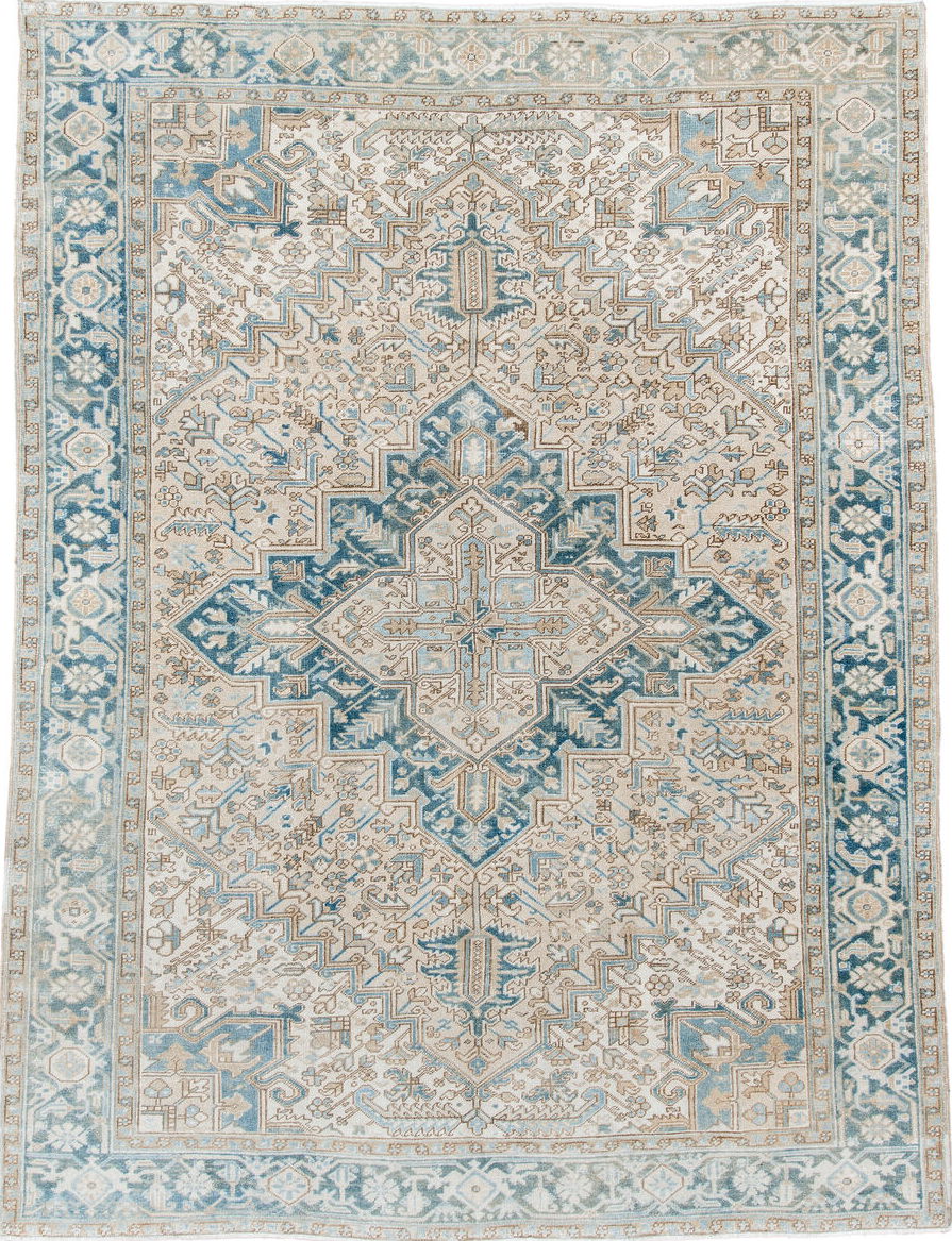 8' x 10' one-of-a-kind handmade vintage Heriz large size rug. Color palette: blue, brown, dark gray, gray, light gray, linen