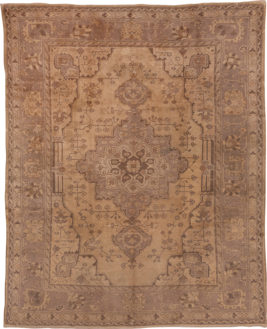 7' x 9' one-of-a-kind handmade vintage Oushak rug. Color palette: brown, gray, light gray, pink