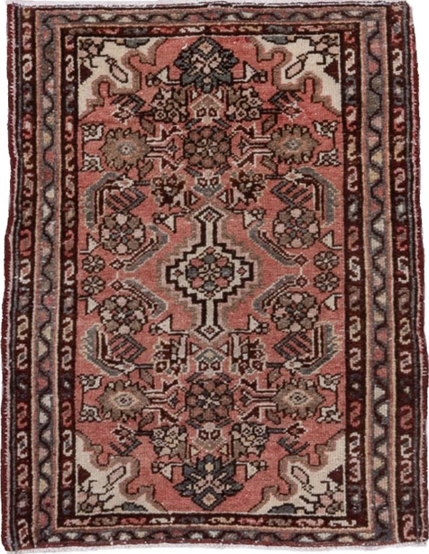 2' x 2' one-of-a-kind handmade vintage Hamadan small size rug. Color palette: brown, gray, pink