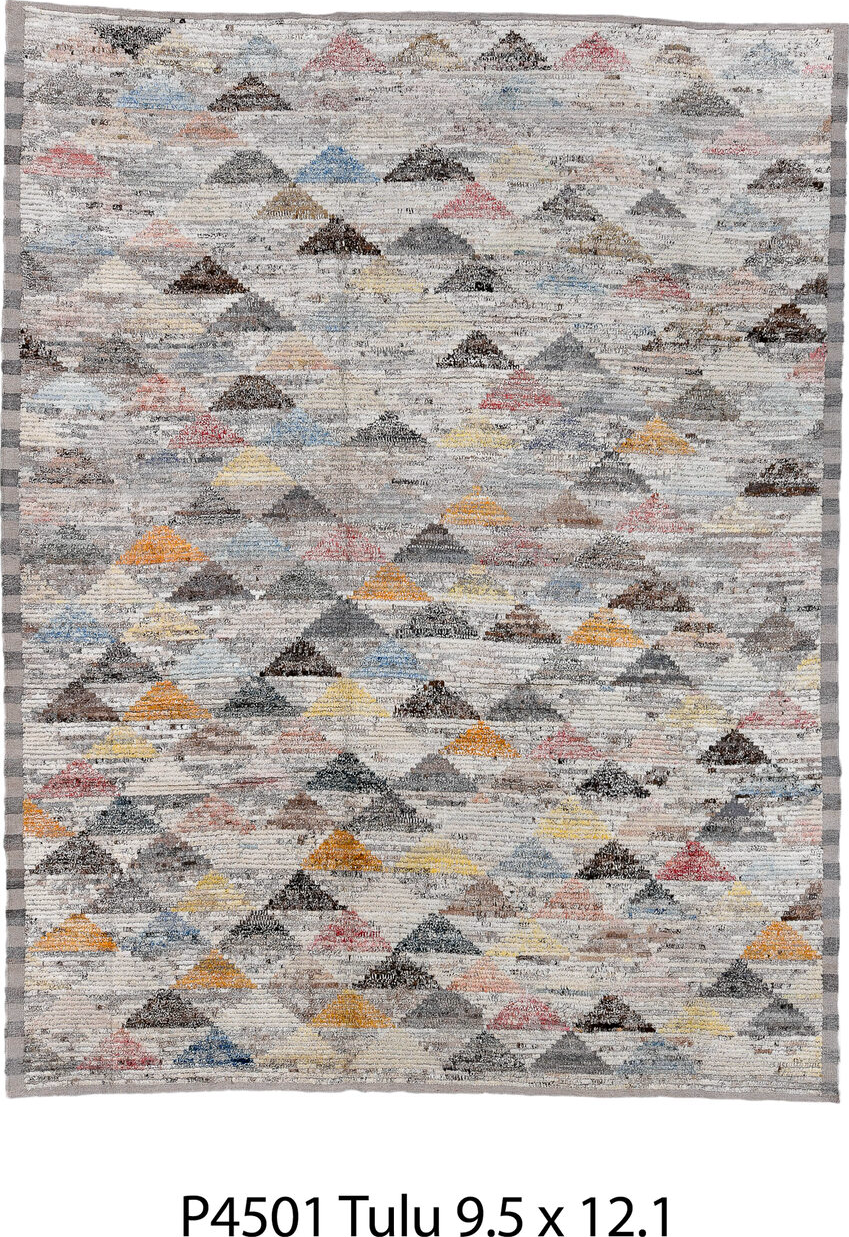 9' x 12' one-of-a-kind handmade vintage Tulu large size rug. Color palette: black, blue, brown, charcoal, dark gray