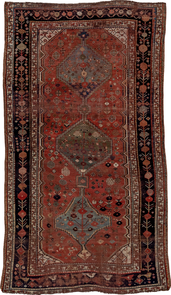 5' x 8' one-of-a-kind handmade vintage Qashqai medium size rug. Color palette: black, brown, gray, pink, red, redwood