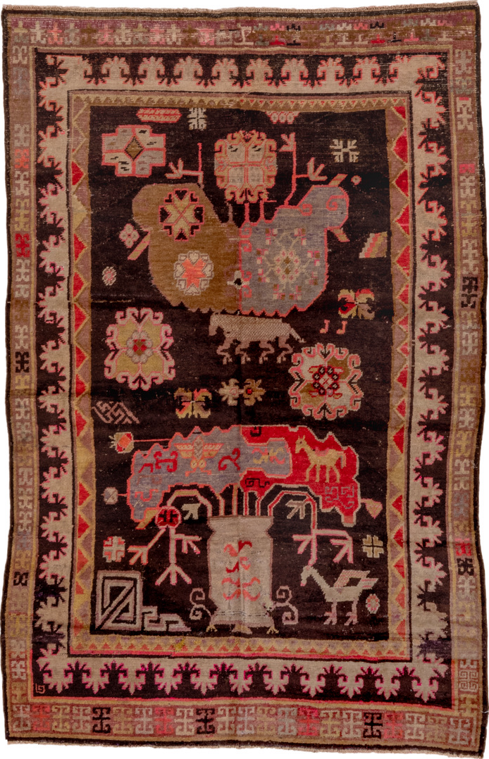 5' x 8' one-of-a-kind handmade vintage Khotan medium size rug. Color palette: black, brown, gray, pink, red