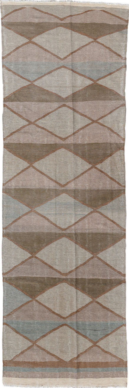 3' x 10' one-of-a-kind handmade vintage Kilim runner rug. Color palette: dark gray, dim gray, gray, light gray