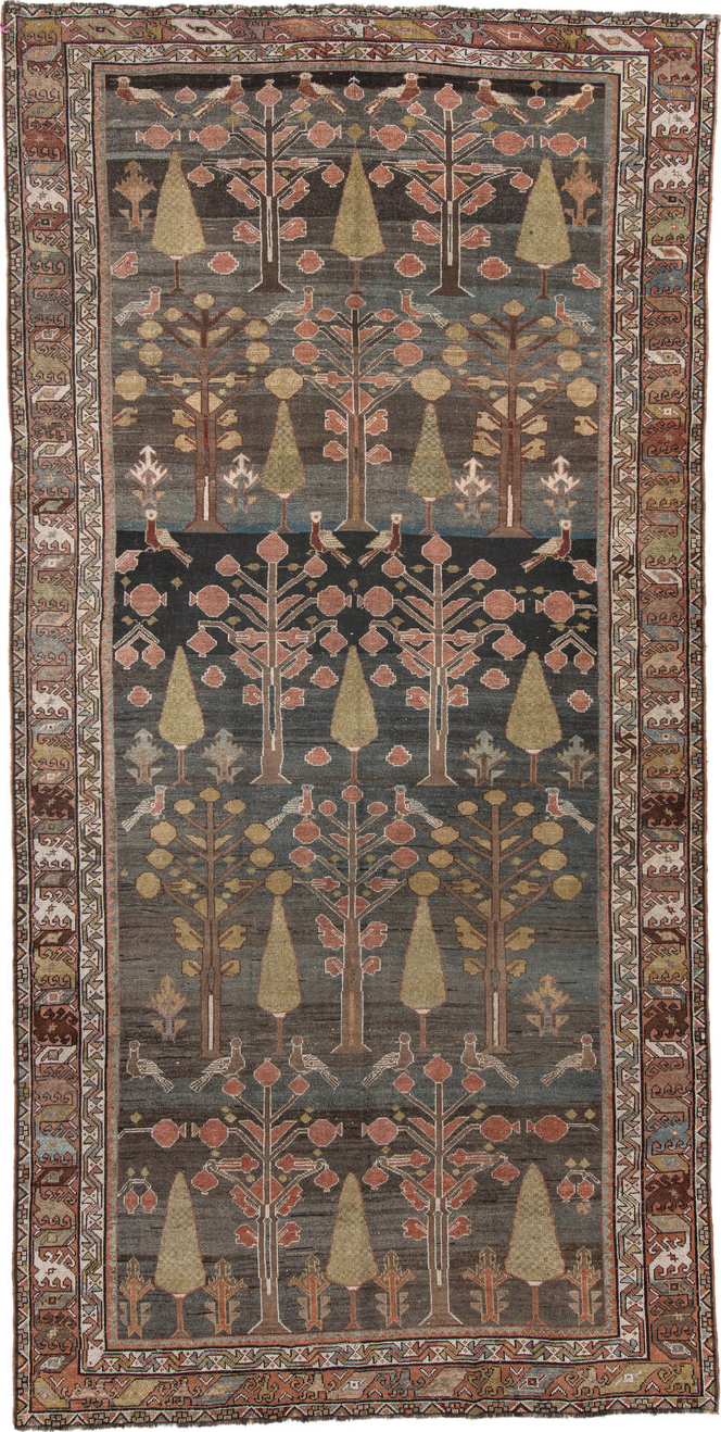 6' x 12' one-of-a-kind handmade vintage Baktiary large size rug. Color palette: gray, brown, pink, off-white, light gray