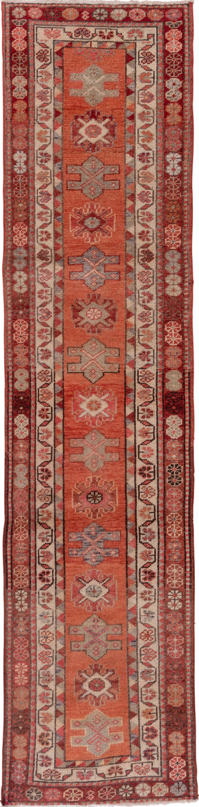 2' x 12' one-of-a-kind handmade vintage Oushak runner rug. Color palette: brown, pink, red, redwood