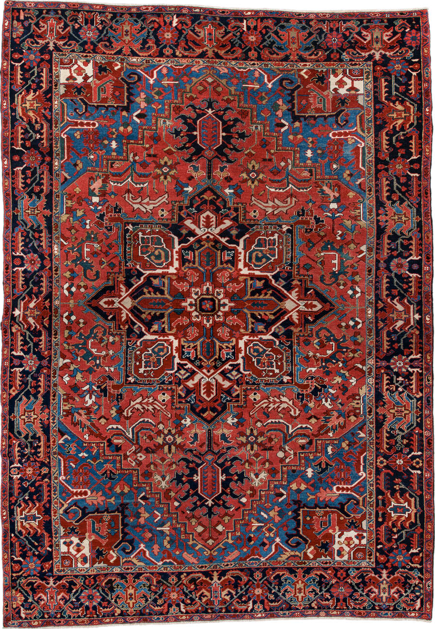 7' x 11' one-of-a-kind handmade vintage Heriz large size rug. Color palette: black, blue, brown, fiord, gray, off-white