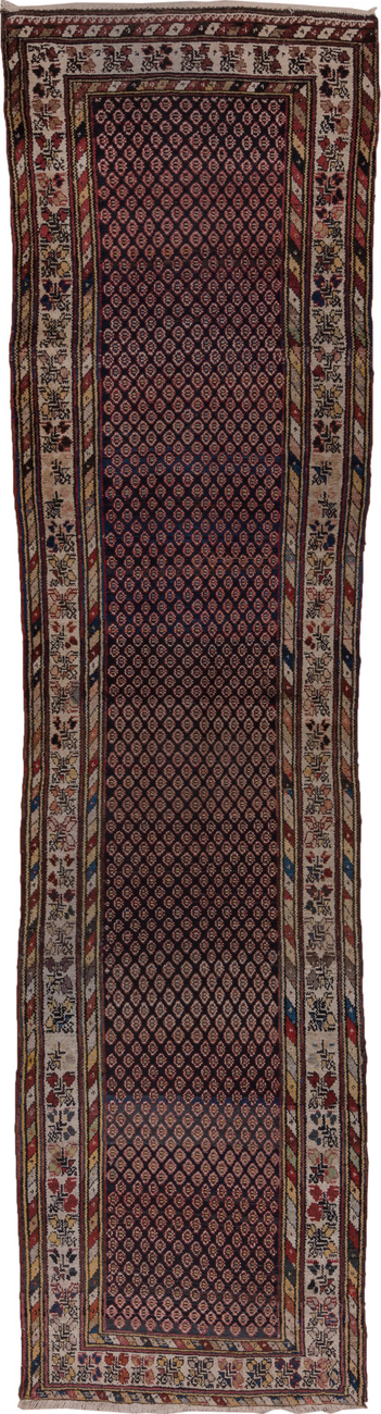 3' x 12' one-of-a-kind handmade vintage Malayer runner rug. Color palette: black, brown, gray, pink, red