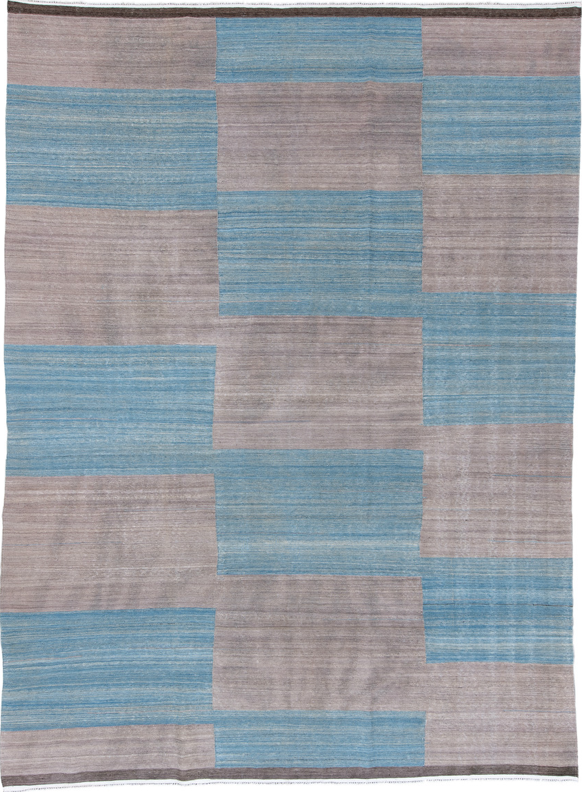 8' x 11' one-of-a-kind handmade vintage Kilim large size rug. Color palette: black, blue, brown, dark gray, dim gray, gray