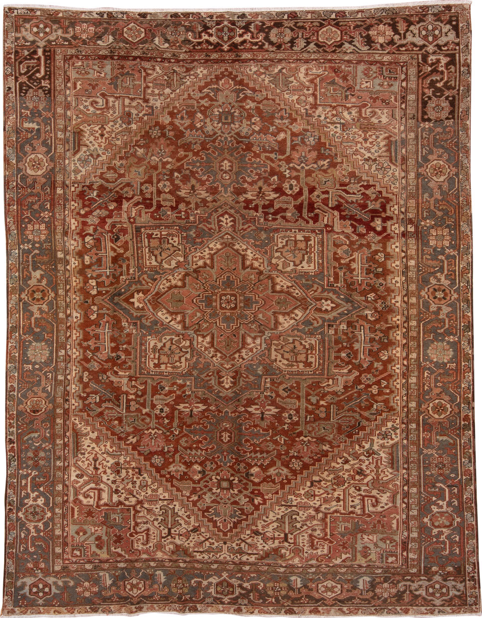 9' x 12' one-of-a-kind handmade vintage Heriz large size rug. Color palette: brown, gray, orange, pink, tan