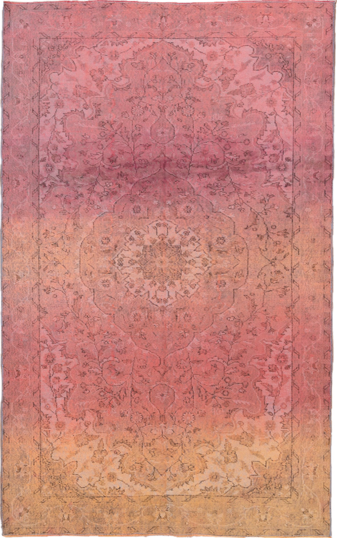 5' x 9' one-of-a-kind handmade vintage Sparta medium size rug. Color palette: brown, off-white, orange, pink, red