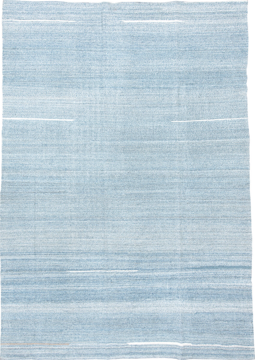 9' x 12' one-of-a-kind handmade vintage Kilim large size rug. Color palette: black, blue, charcoal, dark gray, dim gray