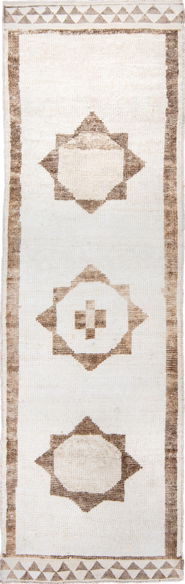 3' x 10' one-of-a-kind handmade vintage Kars runner rug. Color palette: brown, gainsboro, gray, light gray, linen, off-white