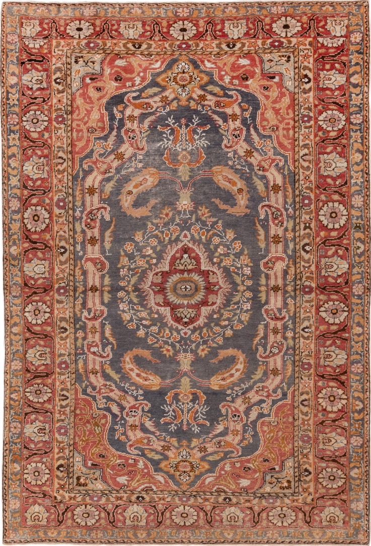 4' x 6' one-of-a-kind handmade vintage Kaisary small size rug. Color palette: brown, gray, light gray, off-white, pink, red