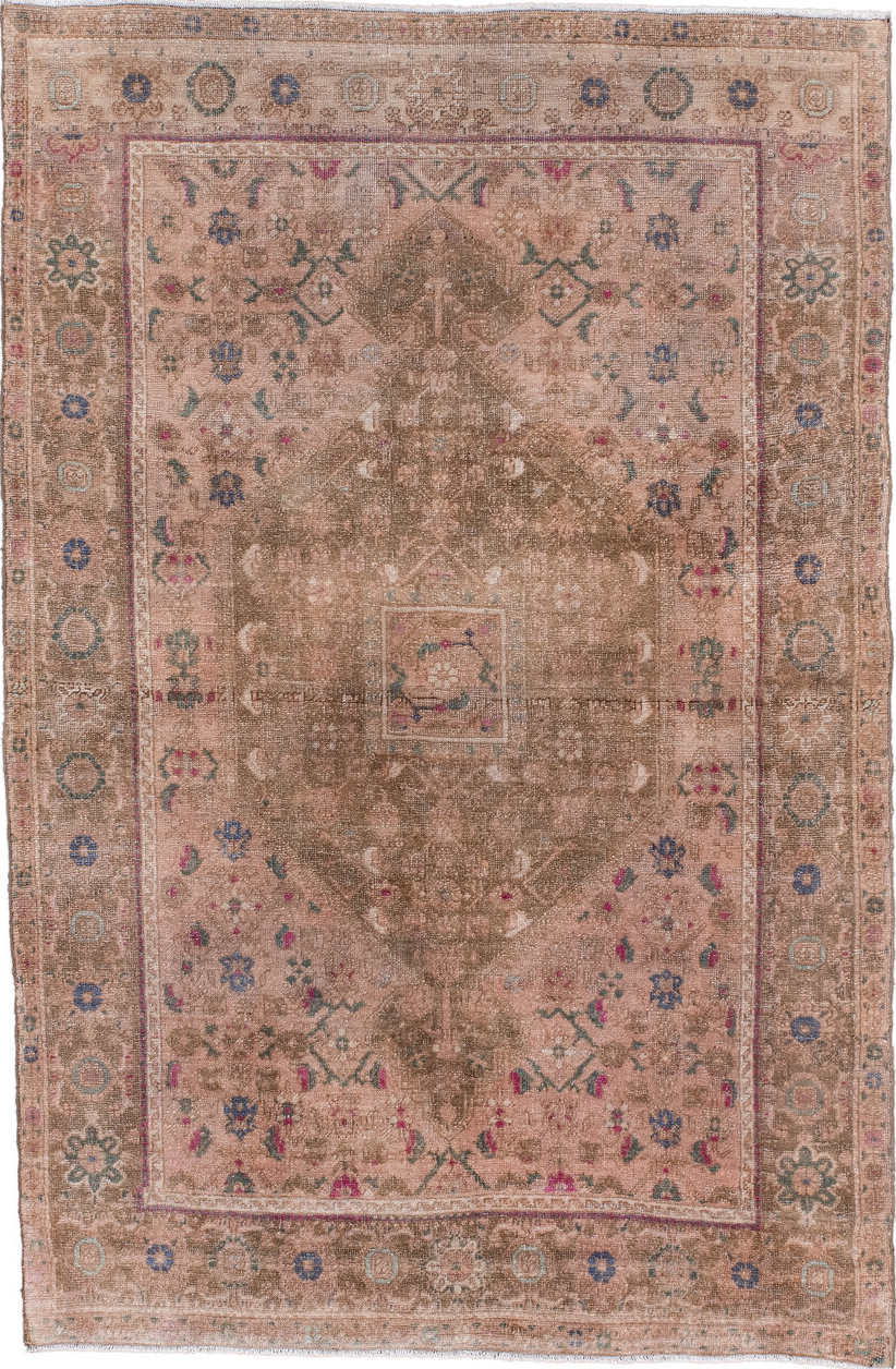 3' x 5' one-of-a-kind handmade vintage Sarouk small size rug. Color palette: brown, gray, pink, red, redwood