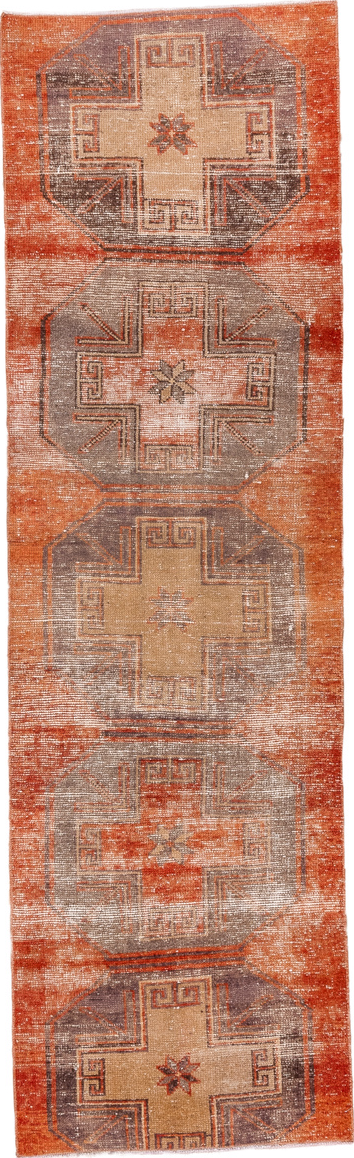 2' x 9' one-of-a-kind handmade vintage Oushak runner rug. Color palette: brown, off-white, orange, pink, red