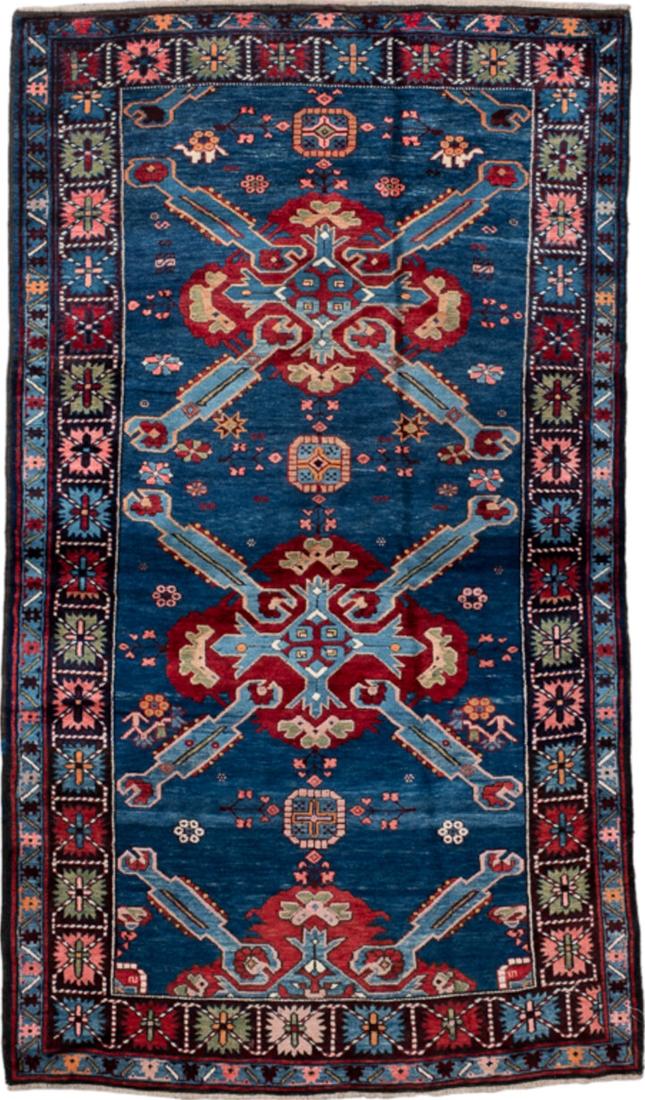 3' x 6' one-of-a-kind handmade vintage Kuba small size rug. Color palette: blue, brown, gray, light gray, off-white, pink