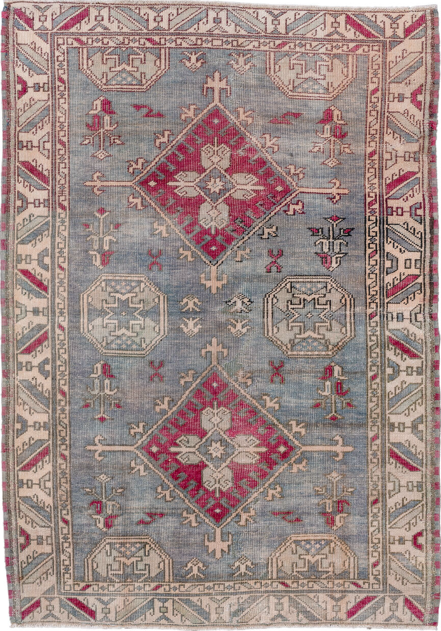 4' x 5' one-of-a-kind handmade vintage Anatol small size rug. Color palette: brown, dark gray, dim gray, gainsboro, gray