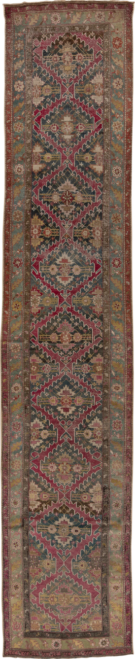 3' x 17' one-of-a-kind handmade vintage Karabagh runner rug. Color palette: black, brown, charcoal, gray, off-white, pink