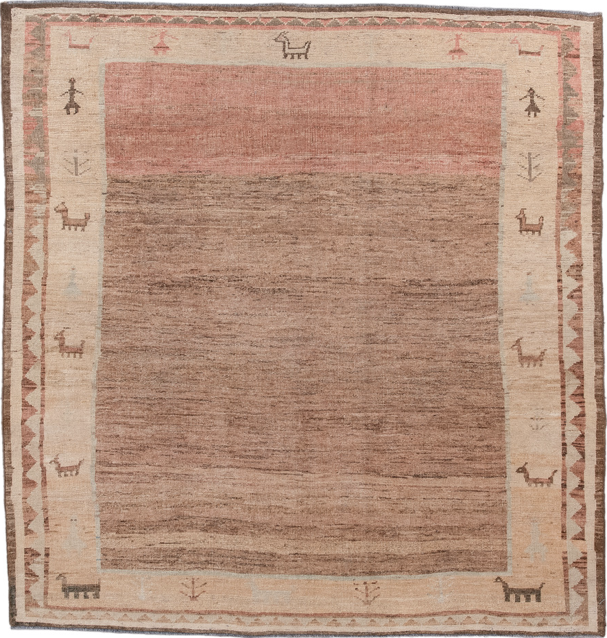 6' x 7' one-of-a-kind handmade vintage Gabbe rug. Color palette: brown, gray, off-white, orange, pink