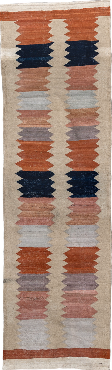 2' x 8' one-of-a-kind handmade vintage Kilim runner rug. Color palette: gray, brown, light gray, off-white, black, pink