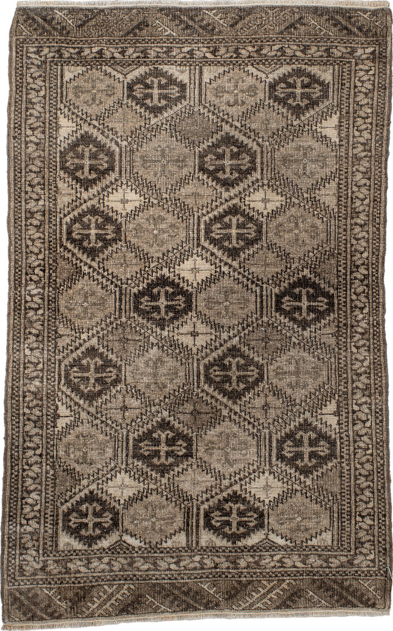 2' x 4' one-of-a-kind handmade vintage Afghan small size rug. Color palette: antiquewhite, black, brown, dark gray, gray