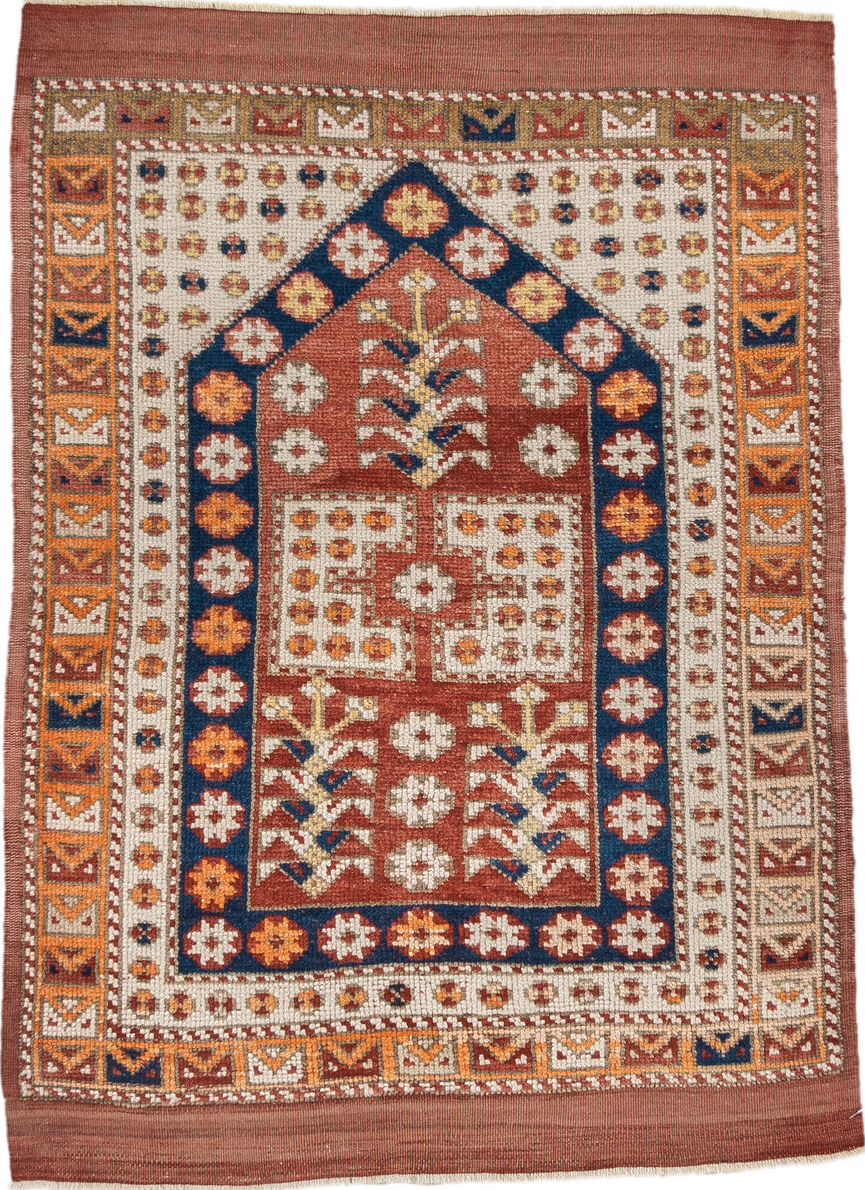 3' x 4' one-of-a-kind handmade vintage Anatol small size rug. Color palette: brown, pink, gray, light gray, orange, blue