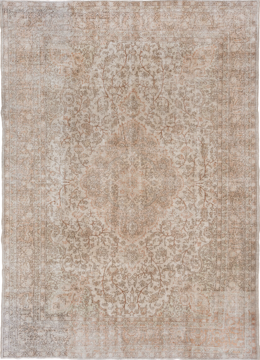 4' x 6' one-of-a-kind handmade vintage Oushak small size rug. Color palette: brown, gray, light gray, off-white, pink