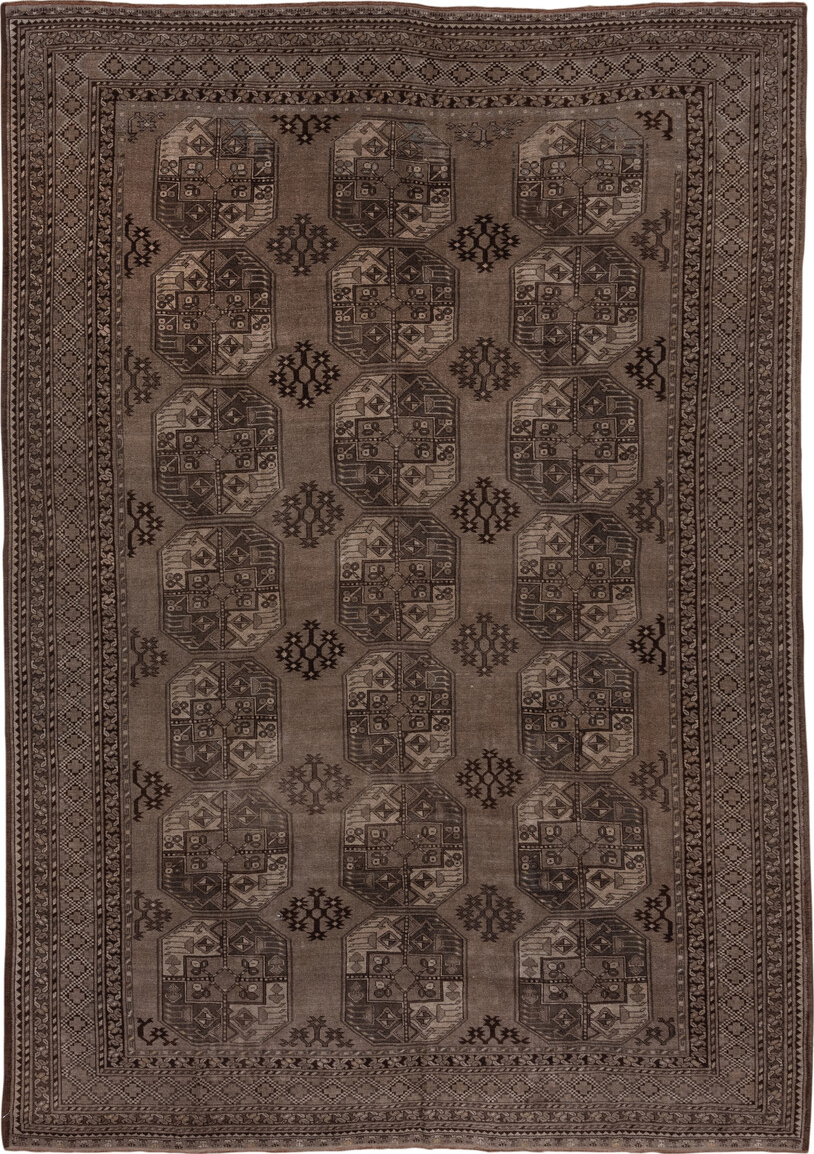 8' x 12' one-of-a-kind handmade vintage Afghan large size rug. Color palette: brown, gray, light gray, off-white, pink, snow