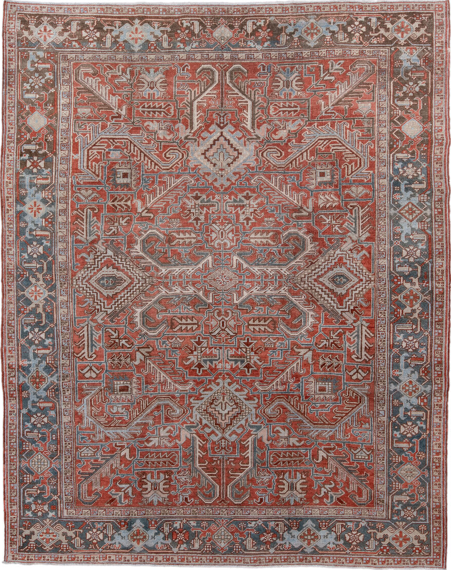 7' x 9' one-of-a-kind handmade vintage Heriz rug. Color palette: black, brown, charcoal, dark gray, dim gray, gainsboro